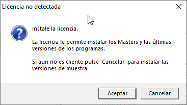 Aviso «Licencia no detectada» con los botones Aceptar y Cancelar