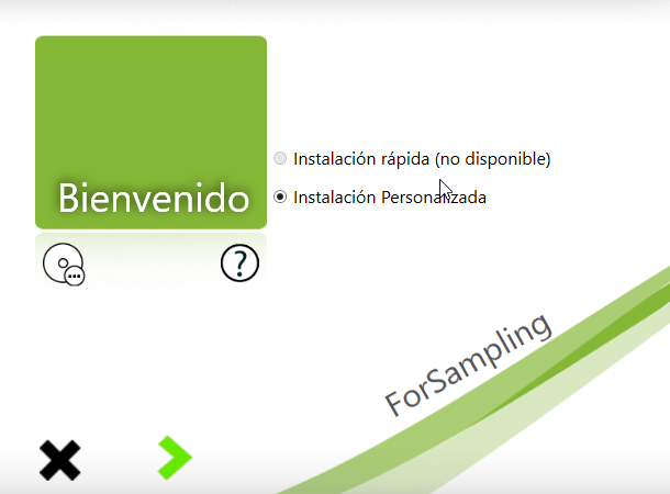 Pantalla de ForSampling Update con la opción «Instalación personalizada» marcada
