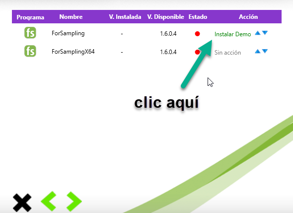 Listado con las versiones de 32 y 64 bits y la acción «instalar demo»